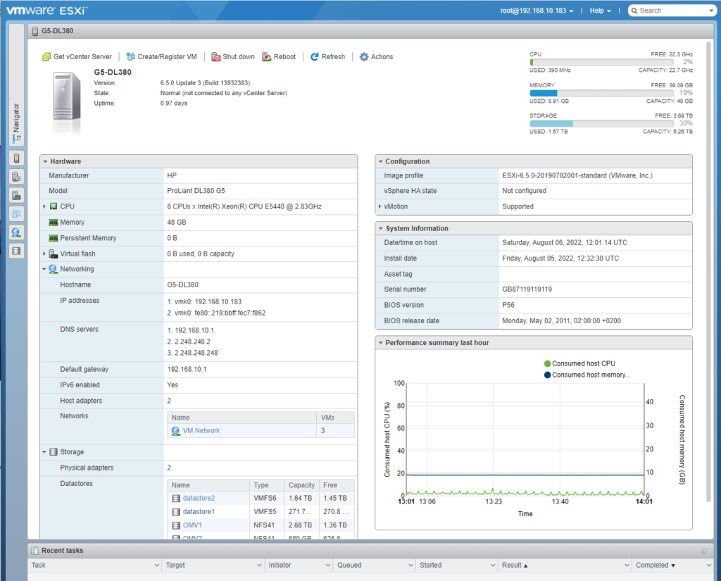 VMware 6.5.0 U3 on HP dl380 G5